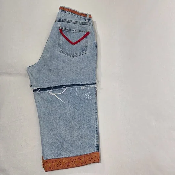 VINTAGE 90s UPCYCLE Handmade Patchwork Super Girly BOHO Baggy Capri Jean Size 12 - Picture 9 of 17